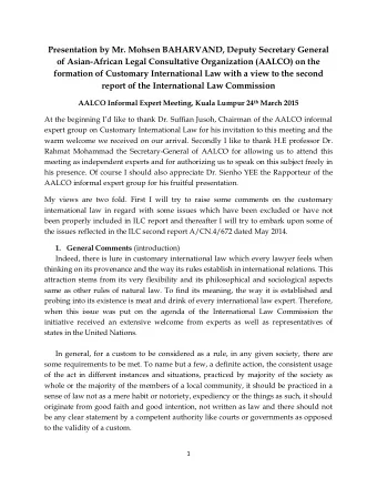 Presentation by Mr. Mohsen BAHARVAND, Deputy Secretary General  of Asian-African Legal Consultative