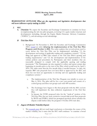 ISEEE Meeting, Sarasota Florida  April 1, 2016  WASHINGTON O  OUTLOOK: W  What a  are t  the r