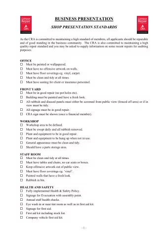 BUSINESS PRESENTATION SHOP PRESENTATION STANDARDS  As the CRA is committed to maintaining a high