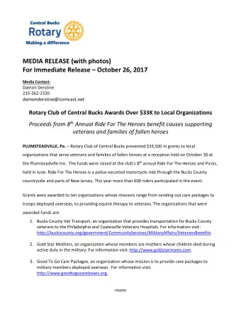 MEDIA RELEASE (with photos)  For Immediate Release  October 26, 2017  Media Contact:  Damon