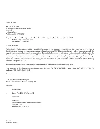 March 15, 2005  Mr. Robert Thomson  U. S. Environmental Protection Agency  Region III  1650 Arch