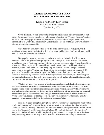 TAKING A CORPORATE STAND AGAINST PUBLIC CORRUPTION  Keynote Address by Larry Fisher  Rice Global