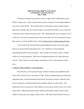 1  High Performing, High Poverty Schools:  A Preliminary Literature Review  May 9, 2002  In January