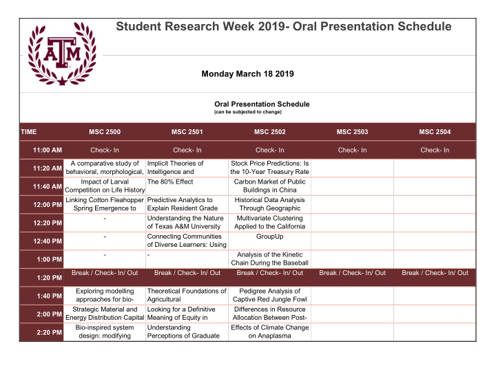student research week 2019 oral presentation schedule
