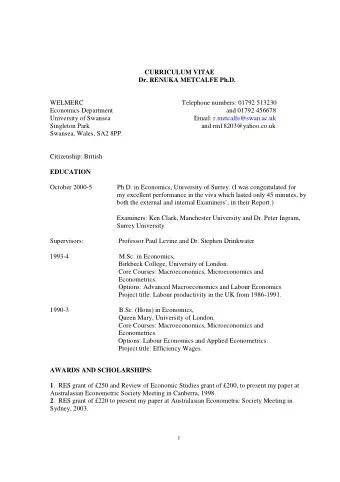 CURRICULUM VITAE  Dr. RENUKA METCALFE Ph.D.  WELMERC