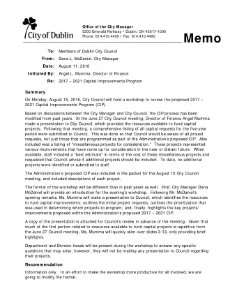 Memo  Phone: 614.410.4400  Fax: 614.410.4490 To: Members of Dublin City Council From: Dana L.