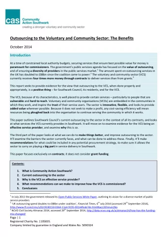 Outsourcing to the Voluntary and Community Sector: The Benefits  October 2014  Introduction  At a