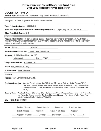 LCCMR ID: 110-D  Project Title:  Minnesota's Critical Lands - Acquisition, Restoration &amp;