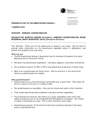 PRESENTATI ON TO THE ABBOTSFORD COUNCI L  7 MARCH 2005  SPEAKER:  ARMAND VANDER MEULEN  DELEGATI
