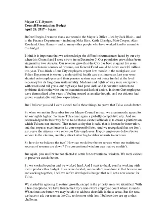 Mayor G.T. Bynum  Council Presentation: Budget April 26, 2017  6 p.m. Before I begin, I want to