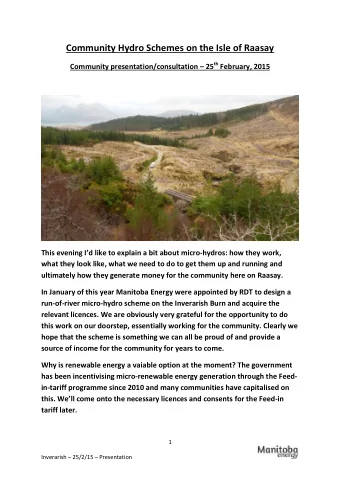 Community Hydro Schemes on the Isle of Raasay Community presentation/consultation  25 th
