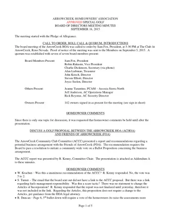ARROWCREEK HOMEOWNERS ASSOCIATION APPROVED SPECIAL GOLF  BOARD OF DIRECTORS MEETING MINUTES