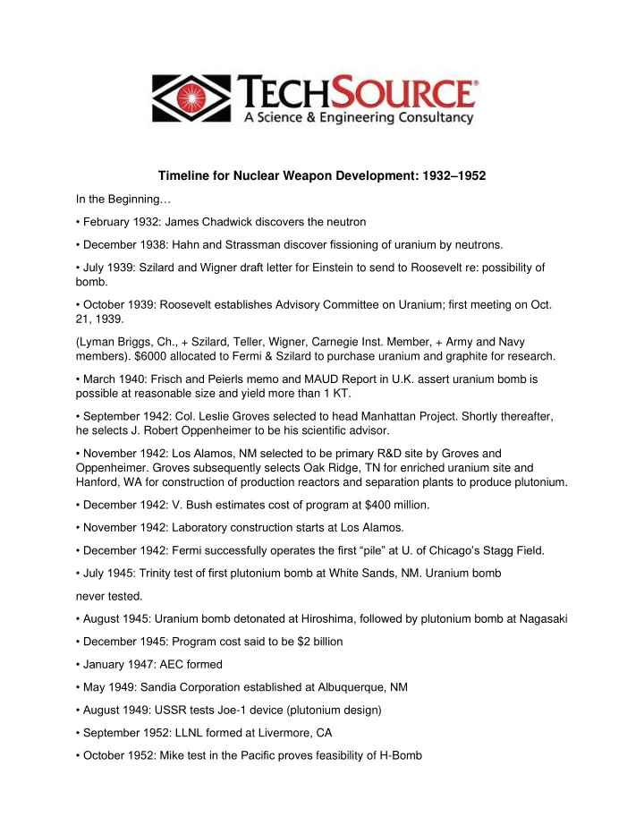 timeline for nuclear weapon development 1932 1952