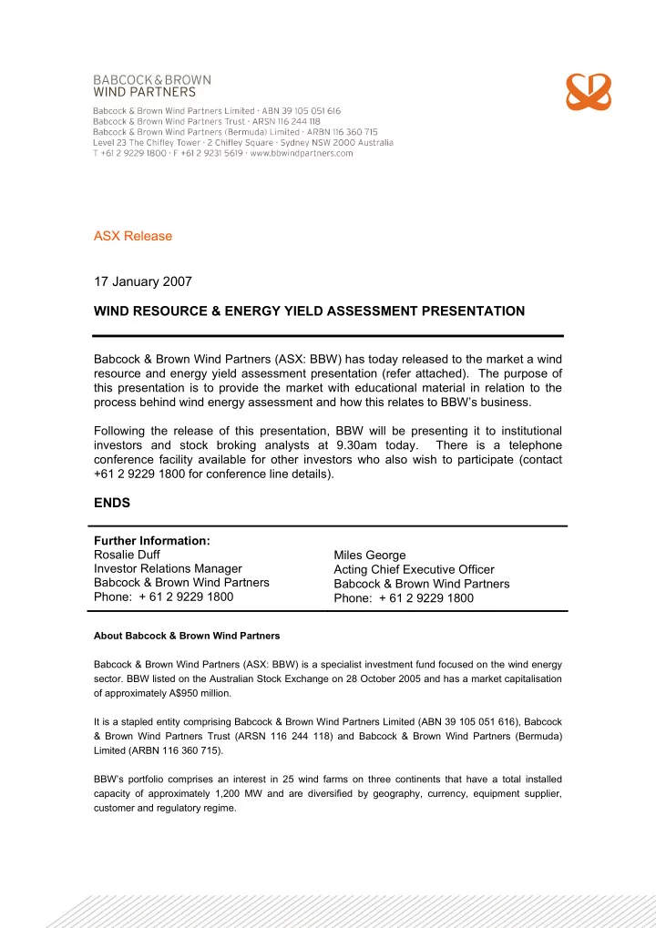 asx release 17 january 2007 wind resource energy yield