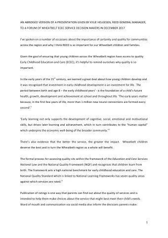 AN ABRIDGED VERSION OF A PRESENTATION GIVEN BY KYLIE HELGESEN, REED GENERAL MANAGER,  TO A FORUM OF