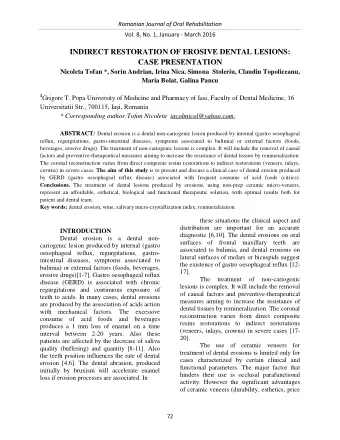 INDIRECT RESTORATION OF EROSIVE DENTAL LESIONS:  CASE PRESENTATION  Nicoleta Tofan *, Sorin