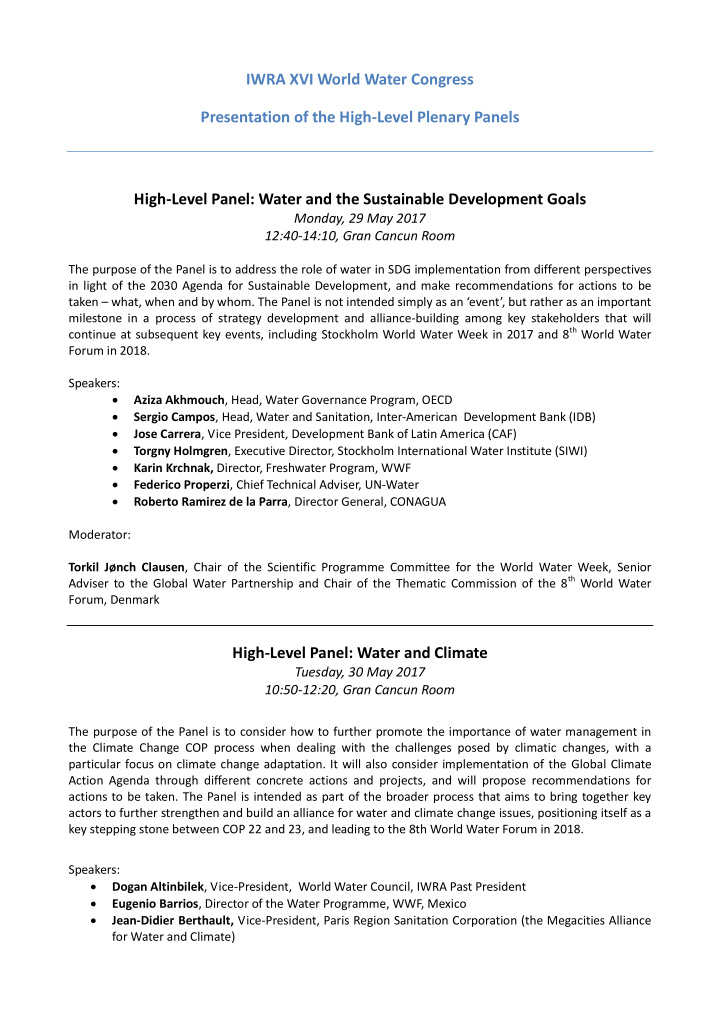 iwra xvi world water congress presentation of the high