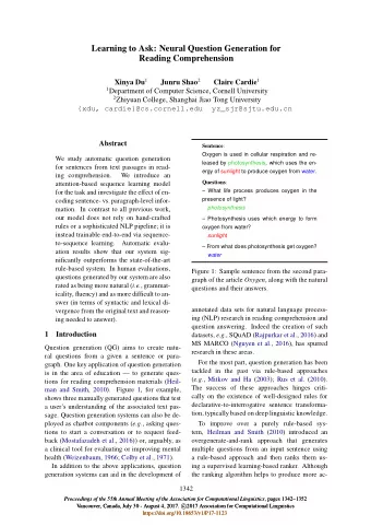 Learning to Ask: Neural Question Generation for  Reading Comprehension Xinya Du 1 Junru Shao 2