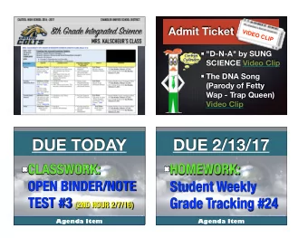 DUE TODAY  DUE 2/13/17  CLASSWORK:  HOMEWORK:  OPEN BINDER/NOTE  Student Weekly TEST #3 (2ND HOUR