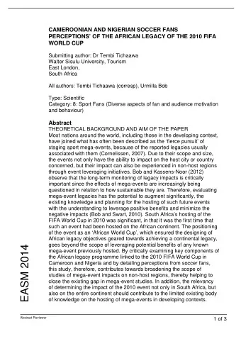 EASM 2014  mega-event previously hosted. By critically examining key components of  the African
