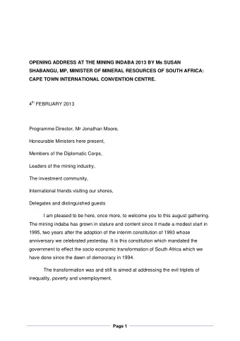 OPENING ADDRESS AT THE MINING INDABA 2013 BY Ms SUSAN  SHABANGU, MP, MINISTER OF MINERAL RESOURCES