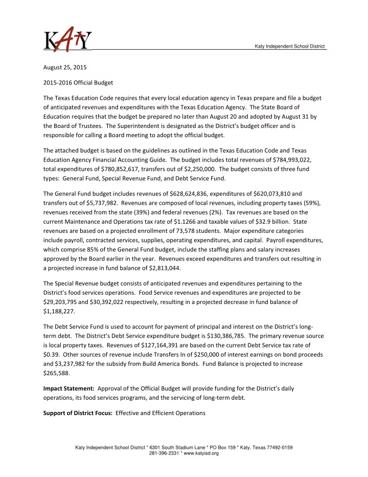 katy independent school district august 25 2015 2015 2016