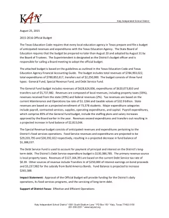 Katy Independent School District August 25, 2015 2015  2016 Official Budget The Texas Education