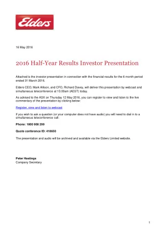 Presentation  16 May 2016  FY16 Half Year in Review  Delivering continued progress   Statutory