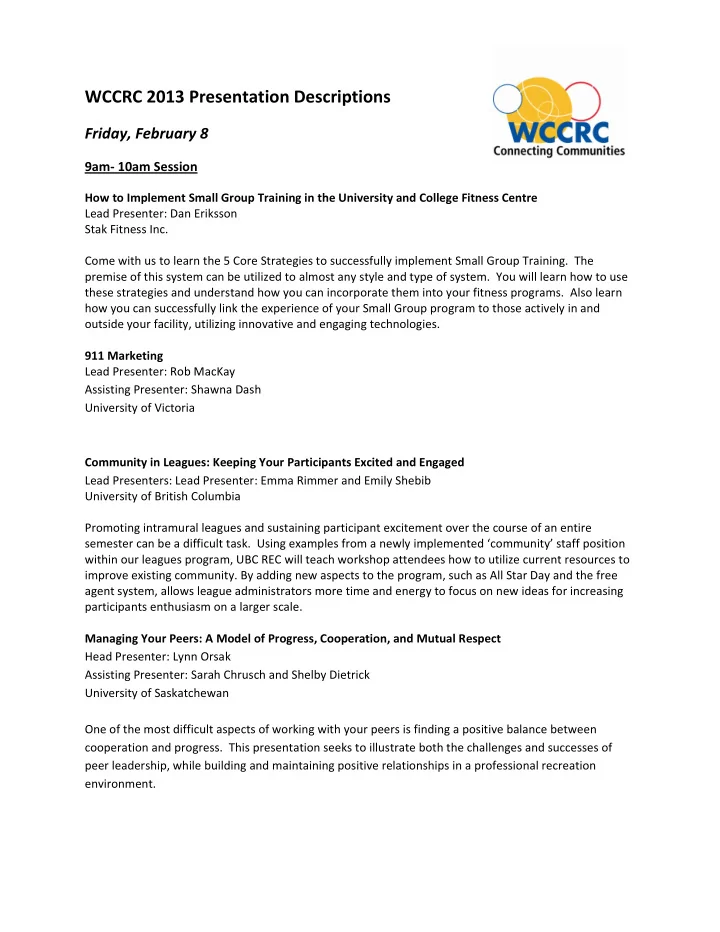 wccrc 2013 presentation descriptions