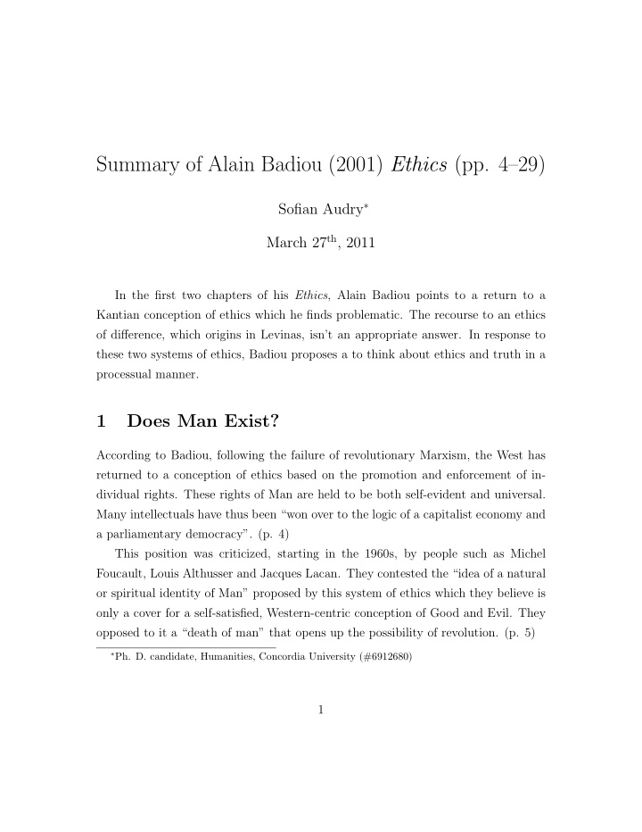 summary of alain badiou 2001 ethics pp 4 29