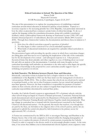 Ethical Curriculum in Ireland: The Question of the Other  Sharon Todd  Maynooth University  ECER