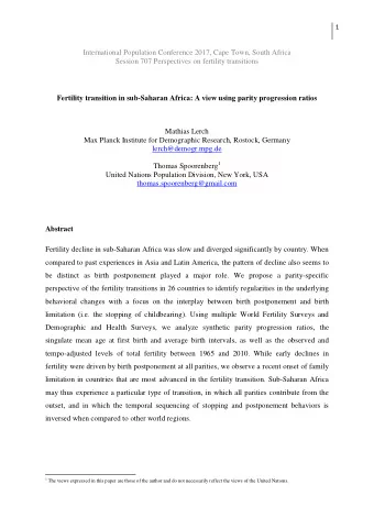 International Population Conference 2017, Cape Town, South Africa  Session 707 Perspectives on