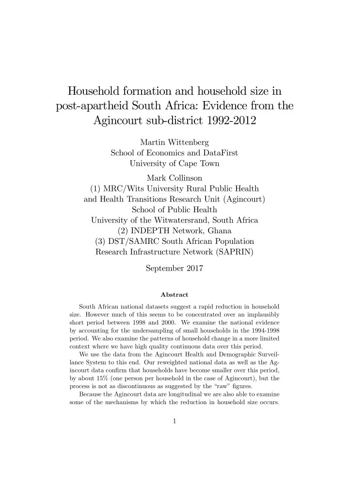 household formation and household size in post apartheid