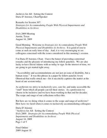 Archives for All:  Setting the Context  Daria DArienzo, Chair/Speaker  Remarks for Session 307: