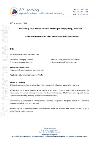 For personal use only  3P Learning 2015 Annual General Meeting (AGM) Sydney, Australia  AGM