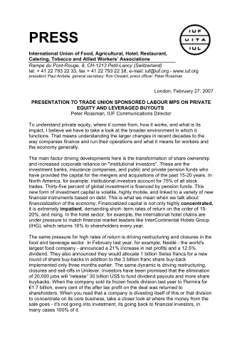 PRESS  International Union of Food, Agricultural, Hotel, Restaurant,  Catering, Tobacco and Allied