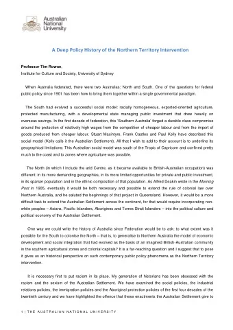 A Deep Policy History of the Northern Territory Intervention Professor Tim Rowse ,  Institute for
