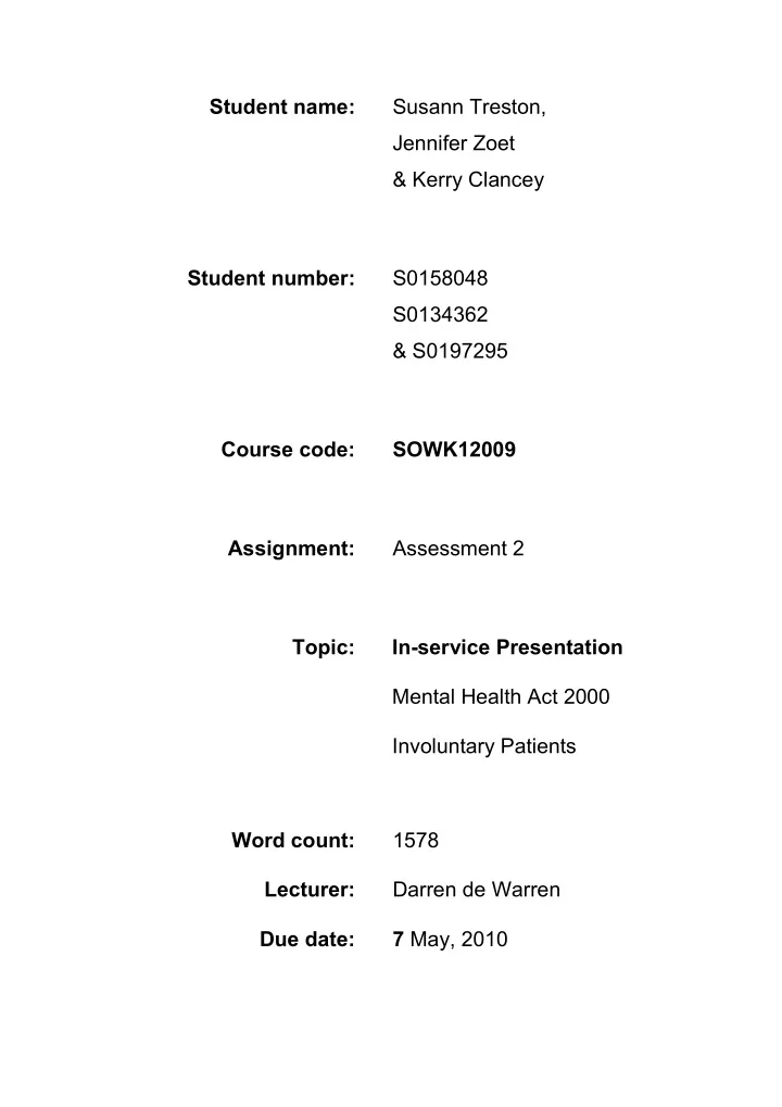 student name susann treston jennifer zoet kerry clancey