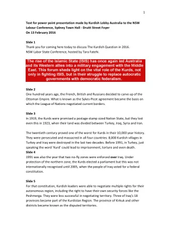 1  Text for power point presentation made by Kurdish Lobby Australia to the NSW  Labour Conference,