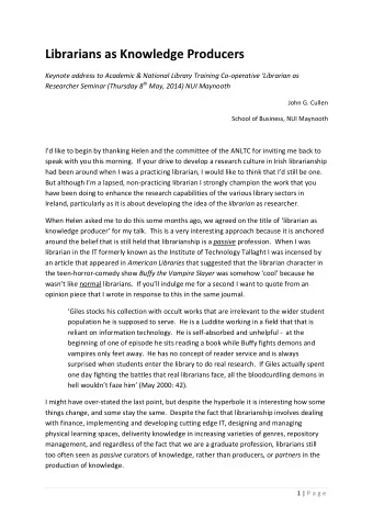 Librarians as Knowledge Producers Keynote address to Academic &amp; National Library Training Co