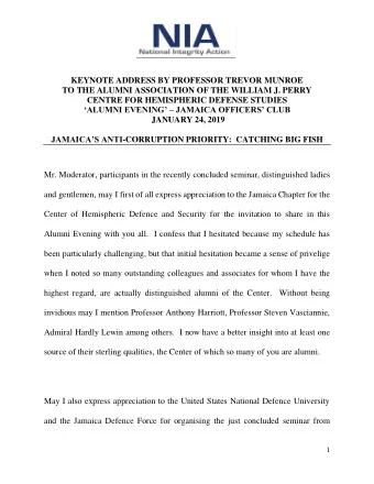 KEYNOTE ADDRESS BY PROFESSOR TREVOR MUNROE  TO THE ALUMNI ASSOCIATION OF THE WILLIAM J. PERRY