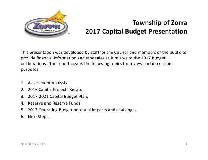 township of zorra 2017 capital budget presentation