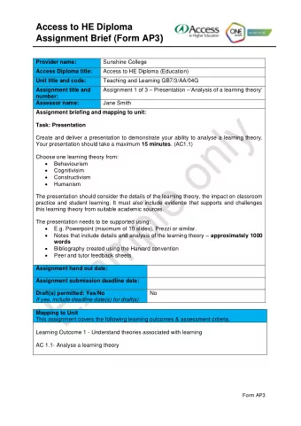 Access to HE Diploma Assignment Brief (Form AP3 )  Provider name:  Sunshine College  Access Diploma