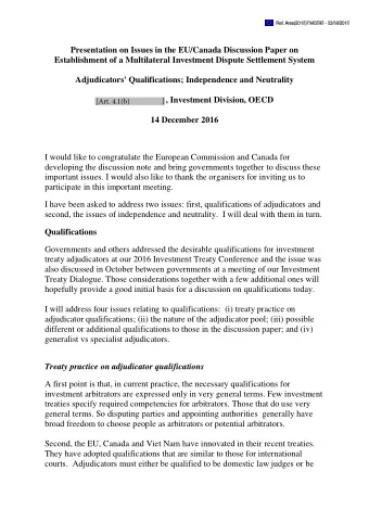 Presentation on Issues in the EU/Canada Discussion Paper on  Establishment of a Multilateral