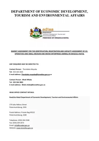 DEPARTMENT OF ECONOMIC DEVELOPMENT, TOURISM AND ENVIRONMENTAL AFFAIRS  MARKET ASSESSMENT FOR THE
