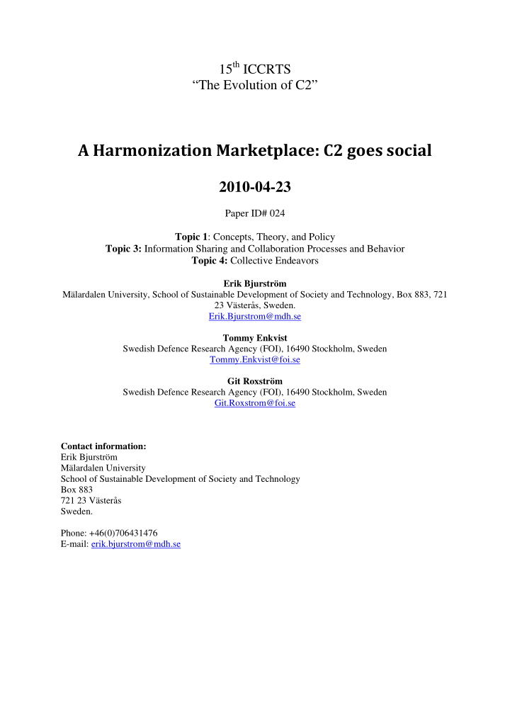a harmonization marketplace c2 goes social