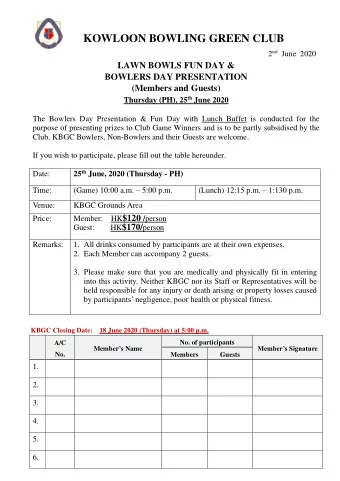KOWLOON BOWLING GREEN CLUB 2 nd June 2020  LAWN BOWLS FUN DAY &amp;  BOWLERS DAY PRESENTATION