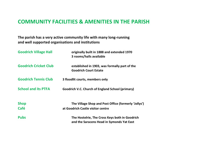 community facilities amenities in the parish