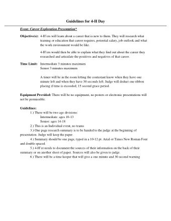 Guidelines for 4-H Day Event: Career Exploration Presentation* Objective(s): 4-Hers will learn