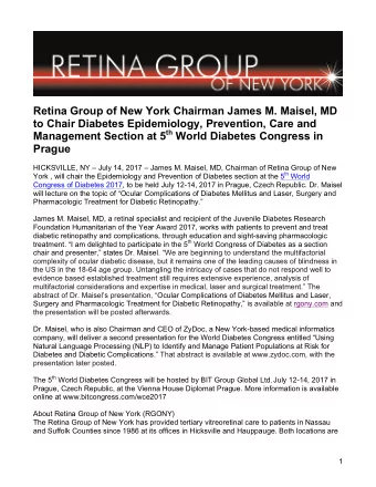 Retina Group of New York Chairman James M. Maisel, MD  to Chair Diabetes Epidemiology, Prevention,